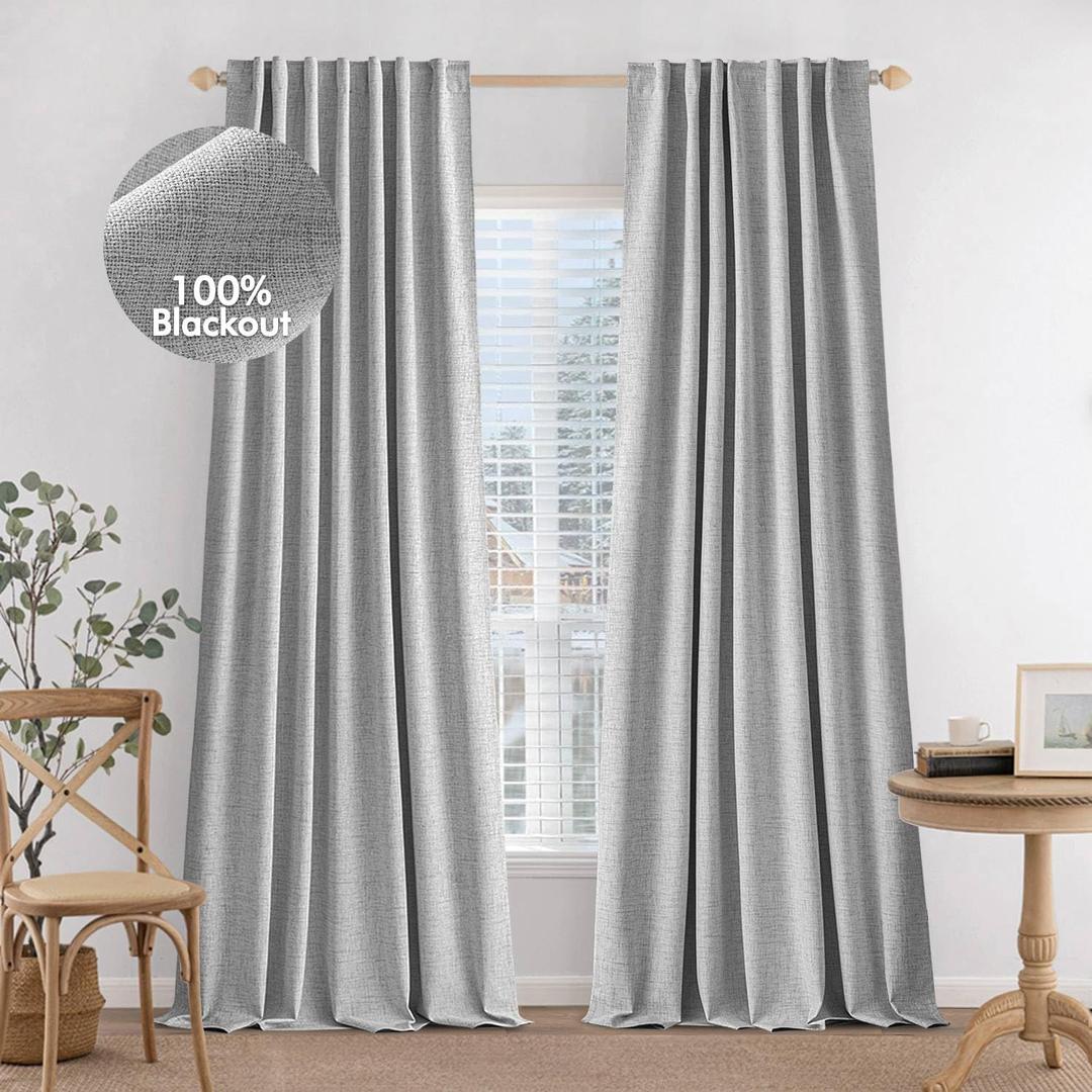 MIULEE 100% Blackout Curtains 90 inches Long Linen Curtains & Drapes for Bedroom Back Tab Living Room Darkening Full Black Out Window Curtain Panels Rod Pocket, Light Grey, 2 Panels Set