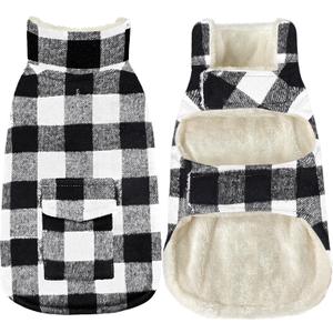 Malier Classic Plaid Fleece Dog Coat - Warm Winter Jacket with Pocket, Windproof for Dogs (White, Large)