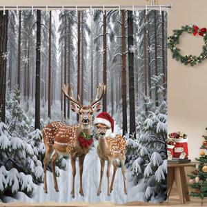 2 x JAWO Winter Shower Curtain Snow Forest Woodland Deer Rustic Farmhouse Wildlife Cabin Nature Scenery Waterproof Polyester Fabric Christmas Shower Curtains 72x72 Inch (Grey)