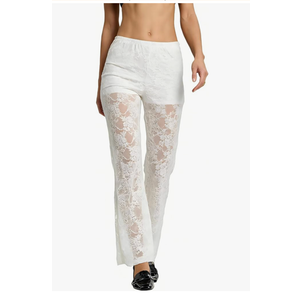 QJQ Women's Floral Lace Sheer Mesh Flare Pants Elastic High Waisted Bell Bottom Sexy See Through Trousers, Size S