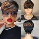 Pixie Cut Wig Human Hair for Women Highlight Brown Short Straight Wigs 100% Real Human Hair Pixie Cut Wig with Bangs Full Machine Made Color F1b33