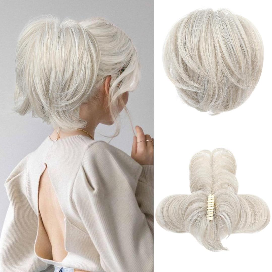 HOOJIH Ponytail Extension, Claw Clip in Straight Messy Hair Bun 9 Inch Short Ponytail with Bendable Metal Wire Hair Pieces for Women Fake Hair Bun DIY Styles - Platinum Gray with Blonde Mixed