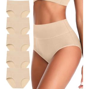 ASIMOON Tummy Control High Waisted Underwear for Women Cotton Plus Size Full Coverage Panties Ladies Briefs (X-Large, Beige-5 Pack)