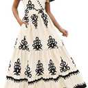 PRETTYGARDEN Womens 2025 Summer Casual V Neck Boho Maxi Dress Flowy Aline Bell Sleeve Tiered Floral Dresses with Pocket (Medium, Floral Apricot Black)