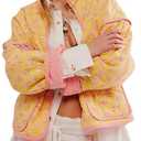 AICHARMWA Women's Floral Quilted Jackets Cropped Open Front Lightweight Short Padded Puffer Coat(005-YellowFloral-M)