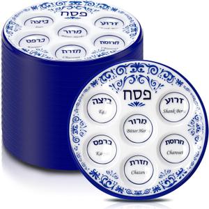 Newtay 24 Pcs Passover Seder Plate Plastic 10" Disposable Plates Passover Decorations for Kids Adults Communal Seders Foods Pesach Kitchen Accessories Table Decorations(Blue Floral Renaissance)