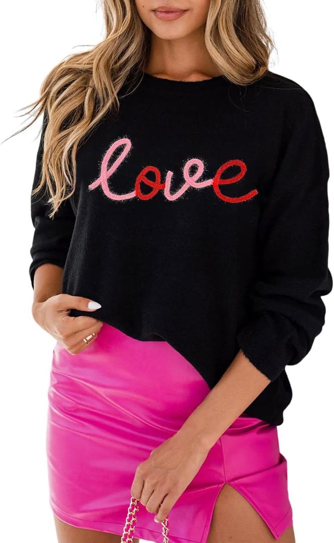 LEMAFER Women 2026 Merry Christmas Round Neck Sequin Letters Sweater Casual Solid Slogan Long Sleeve Pullover Sweatshirt Tops (Black, M)