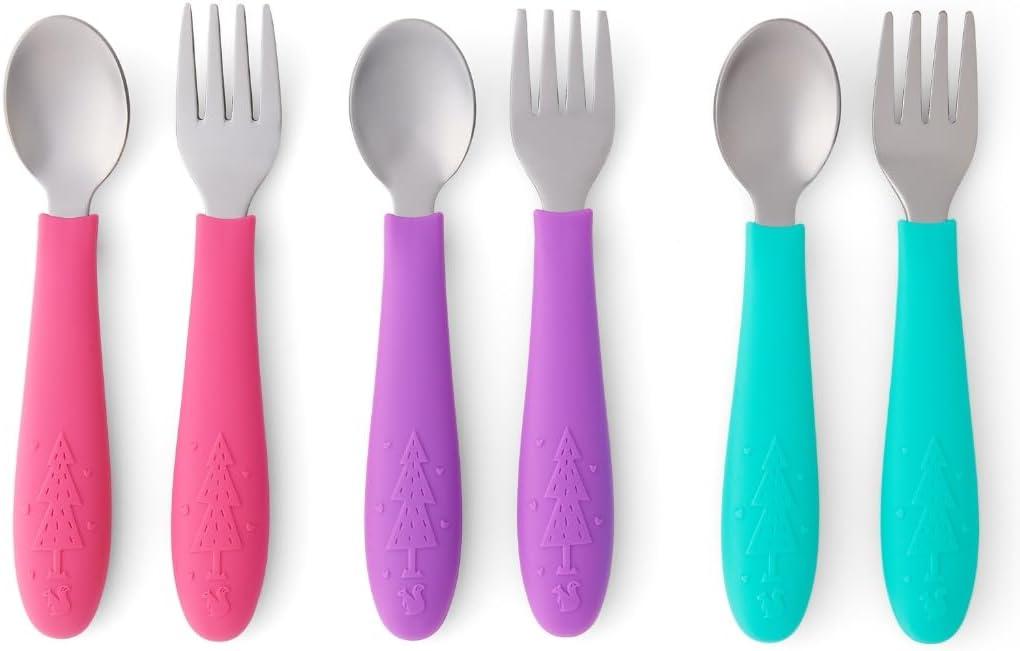 Elk and Friends Kids Silverware with Silicone Handle | Childrens Safe Flatware | Toddler Utensils | Baby Spoons + Forks | Stainless Steel Cutlery | Dishwasher Safe | 6 Pieces