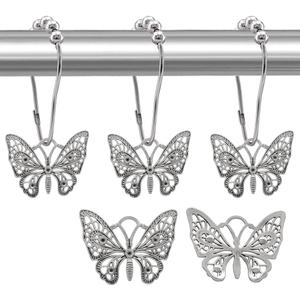 Decorative Shower Curtain Hooks,12PCS Butterfly Curtain Hooks Shower Ring,Rustproof Shower Curtain Hanger Clips, Shower Hook Ring for Shower Curtain Rod,Bathroom Decoration Accessories,Silver