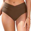 Women V Cut Full Coverage Bikini Bottom - High Waist Swim Bathing Suit Bottoms Cross V Front Swimsuit (Large, Brown)