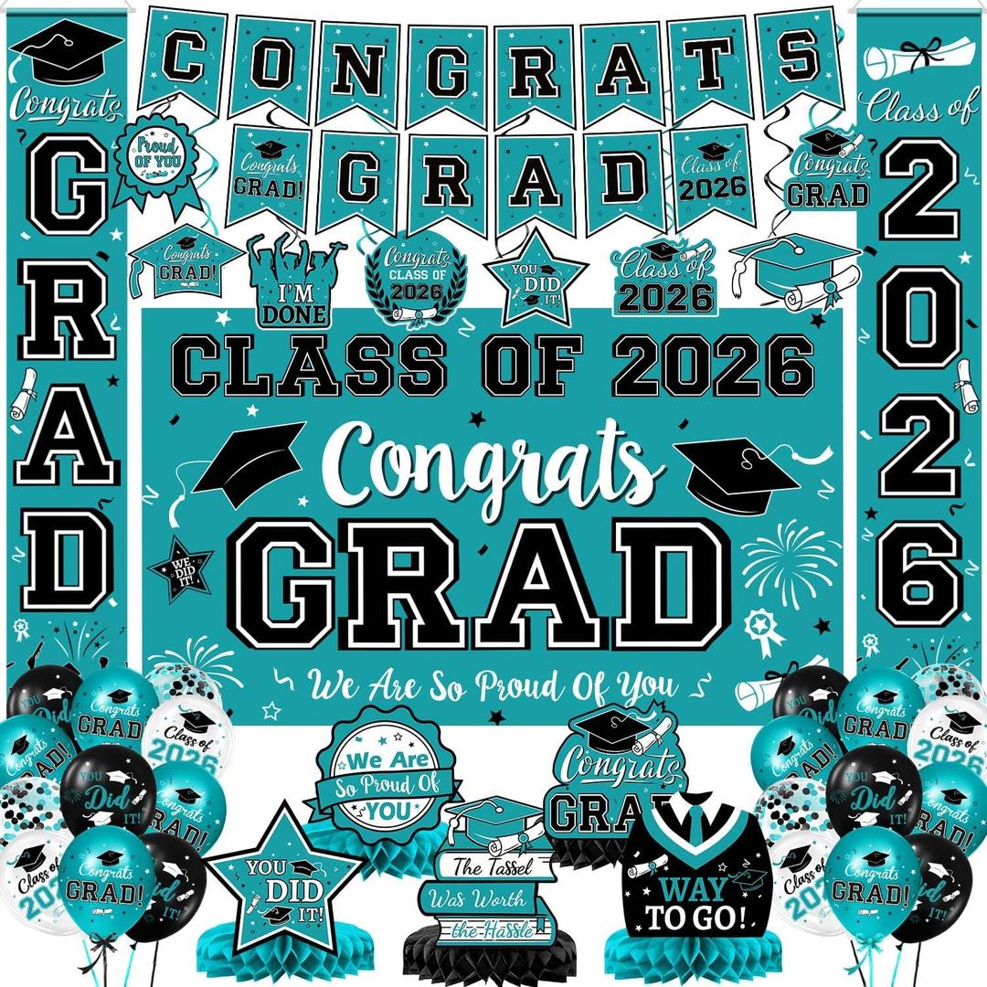 2026 Graduation Decorations, Teal Graduation Decorations Set with Congrats Grad Banner & Backdrop, Porch Sign, Hanging Swirls, Balloons, Honeycomb Centerpieces for Congrats Grad Party Decorations