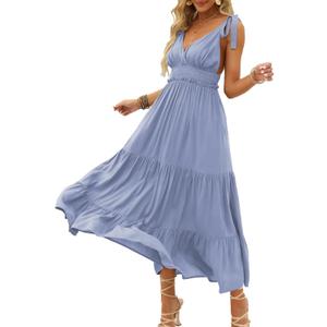 DEEP SELF Women's Summer V Neck Tie Strap Maxi Dress Halter Ruffle Hem Long Dresses Spaghetti Strap Long Flowy Dresses (Large, 4-sky Blue)
