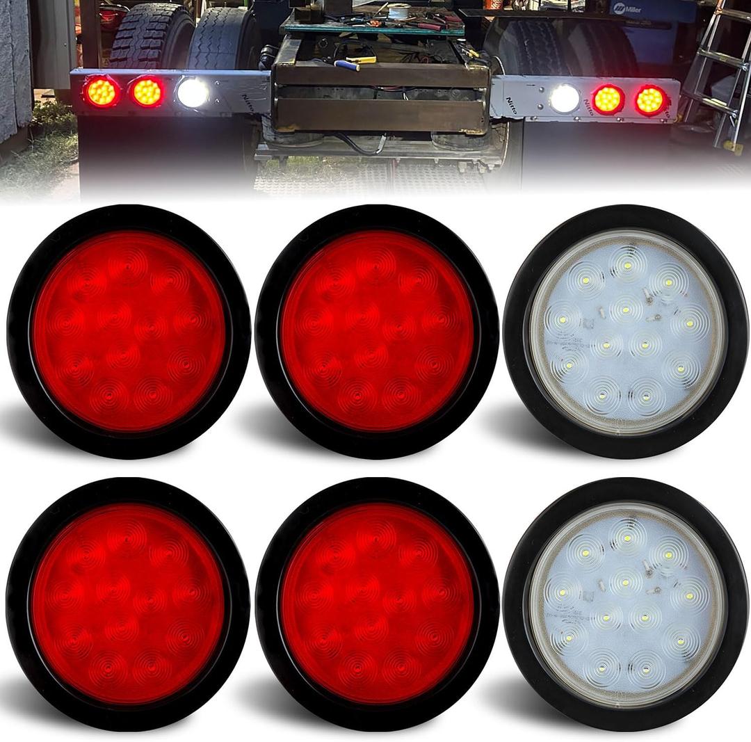 6 Pcs 4" Inch Round LED Trailer Tail Lights Red 12 LED, (4 Red+2 White) 4" Round Led Stop Turn Tail Brake Trailer Lights White Backup Reverse Lights w/ 3-Prong Wire Pigtails IP67 Waterproof