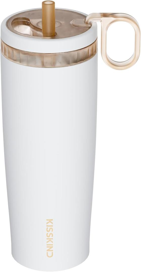 KISSKIND Iced Coffee Tumbler with Hidden Straw, 20 oz Reusable Iced Coffee Cup, Ceramic Lined Travel Mug Fits in Bags and Car Cupholders, 100% Leakproof Cold Brew Cup, No Spill, Clean Brew