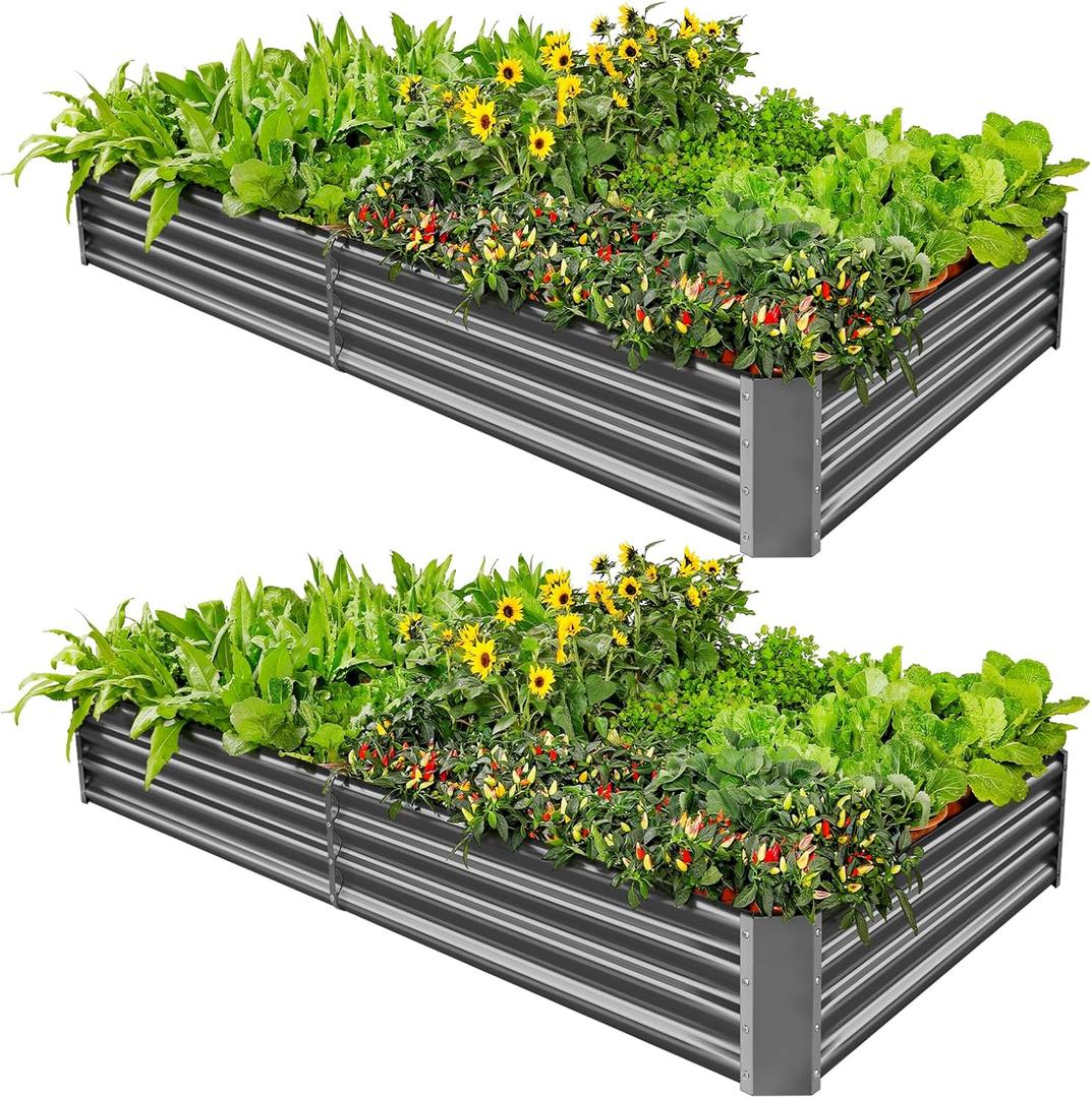 Land Guard 2 Pack 8×4×1ft Galvanized Metal Raised Garden Bed, Metal Planter Kit Box Outdoor for Deep-Rooted Vegetables, Flowers, Green and Herbs (Mid-Grey) 