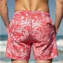 Verdusa Men's Leopard Swim Trunks Drawstring Waist Swimwear Summer Beach Shorts with Pockets (Red, S)