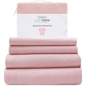 Posh Home King Size Jersey Knit Sheet Set, 4-Piece - Soft & Breathable All-Season Cotton Blend with Deep Pockets - Flat Sheet, Fitted Sheet & 2 Pillowcases - Pink