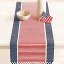 PurpleEssences 4th of July Table Runner - Wide with Dobby Stripe, Heavy Ribbed Weave & Double Knot Fringes, 14x72 Inch (14x77.5 with Fringes) Farmhouse Decor Summer - Red, Blue and White
