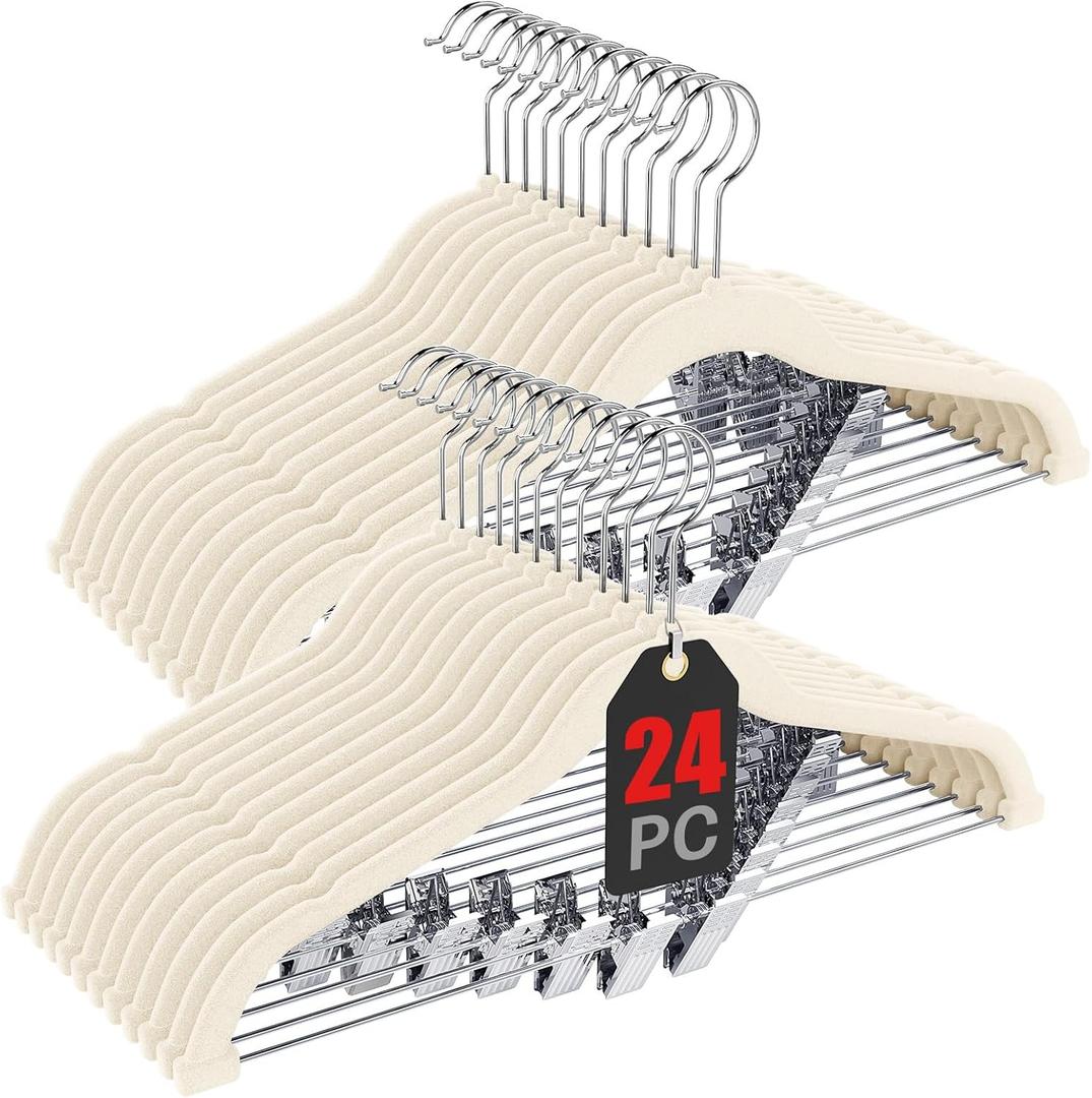 Korpai 24-Pack Beige Velvet Hangers with Clips Adjustable,Adult Hangers,Outfit Hangers,Heavy-Duty,Non-Slip,Space Saving, Felt Hanger for Pants, Skirts, Suits,Coats, Dresses