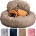 PetJett Calming Dog Bed - Donut Dog Beds for Small, Medium, Large Dogs, Anti-Slip & Washable Round Dog Bed - Fluffy Plush Faux Fur Pet Bed, Anti-Anxiety Puppy Bed, 23'' Fits Up to 25 lbs Pets, Beige (Small - 23L x 23W x 8Th)