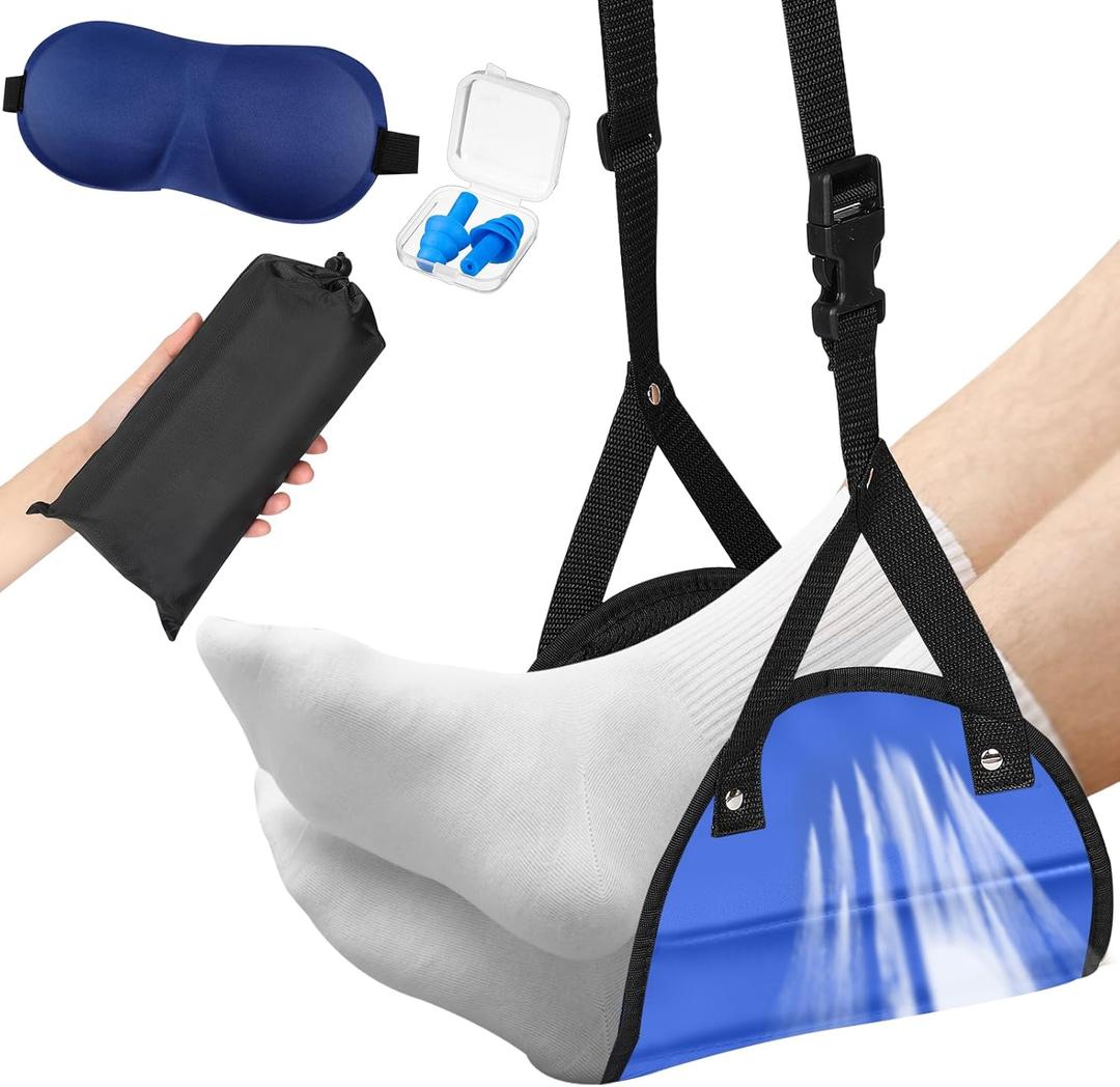 Yerliker Airplane Foot Hammock(Memory Foam) with Earplugs and Eye Mask Travel Necessities Adjustable Airplane Desk Foot Rest for Long Trip Pain and Swelling Relief(Blue)