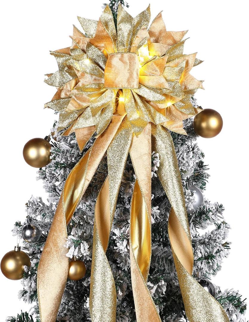 Willbond Velvet Christmas Tree Topper Bow 11.8 x 44.5 Inches Large Christmas Bow with Gold Glitter Streamer and Light String for Xmas Tree Christmas Home Decoration (Champagne)
