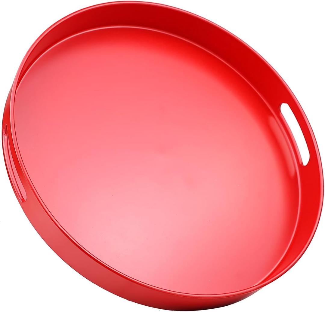 Round Red Decorative Serving Tray with Handles, 13 Versatile Ottoman Tray for Coffee Table, Entertaining, Outdoor Patio, Living Room