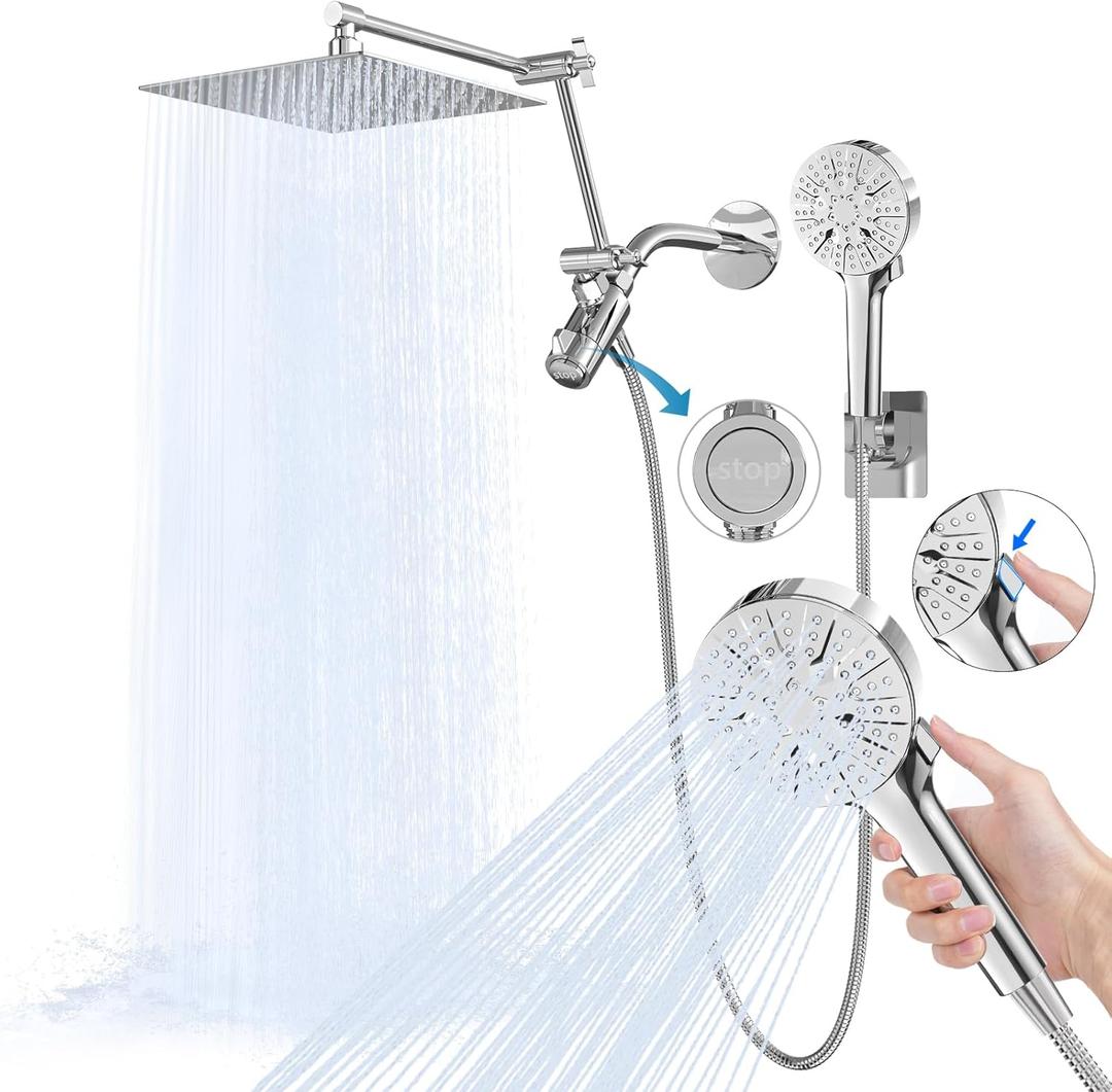 10-Inch Rain Shower Head with Handheld Spray Combo-6-Function Handheld Shower Head-3-way diverter comes with a pause setting-16-Inch Adjustable Extension Arm-59-inch stainless steel shower hose