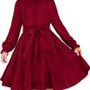 Arshiner Girls Long Sleeve Dress Tween Fall Formal Party Holiday Midi Tiered Flowy Swing Dresses with Belt (Red, 140)