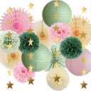Sage Green and Pink Party Decorations Baby Shower Girl Olive Green and Light Pink Birthday Decorations Paper Lanterns Sage Beige Fans Pom Poms for Bridal Shower Wedding Engagement Nursery Decor