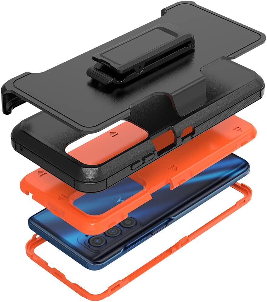Compatible with Motorola Edge 2021/Edge 5G UW 2021 Case, Heavy Duty Rugged Shockproof Full Body Protection Kickstand Case with Belt Clip Holster for Motorola Edge 2021 Phone (Orange)