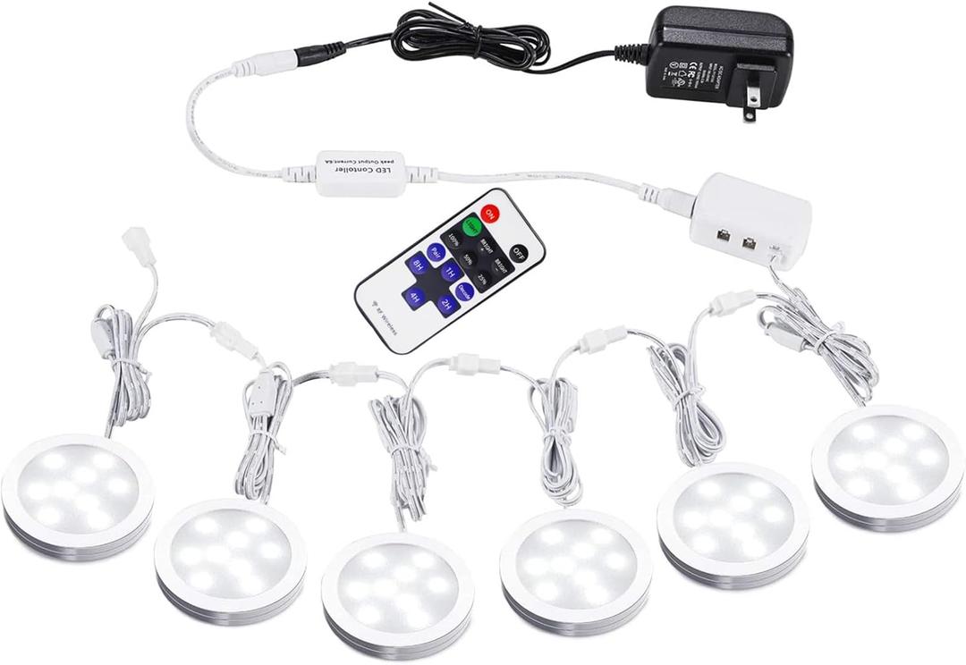 AIBOO Linkable Under Cabinet LED Lighting Kit 12V Slim Dimmable LED Puck Lights with Wireless Controller & UL Listed Wall Plug for Under Counter Lights, Display, Book Case Lighting(6 Pcs, 6000K) (Daylight White)