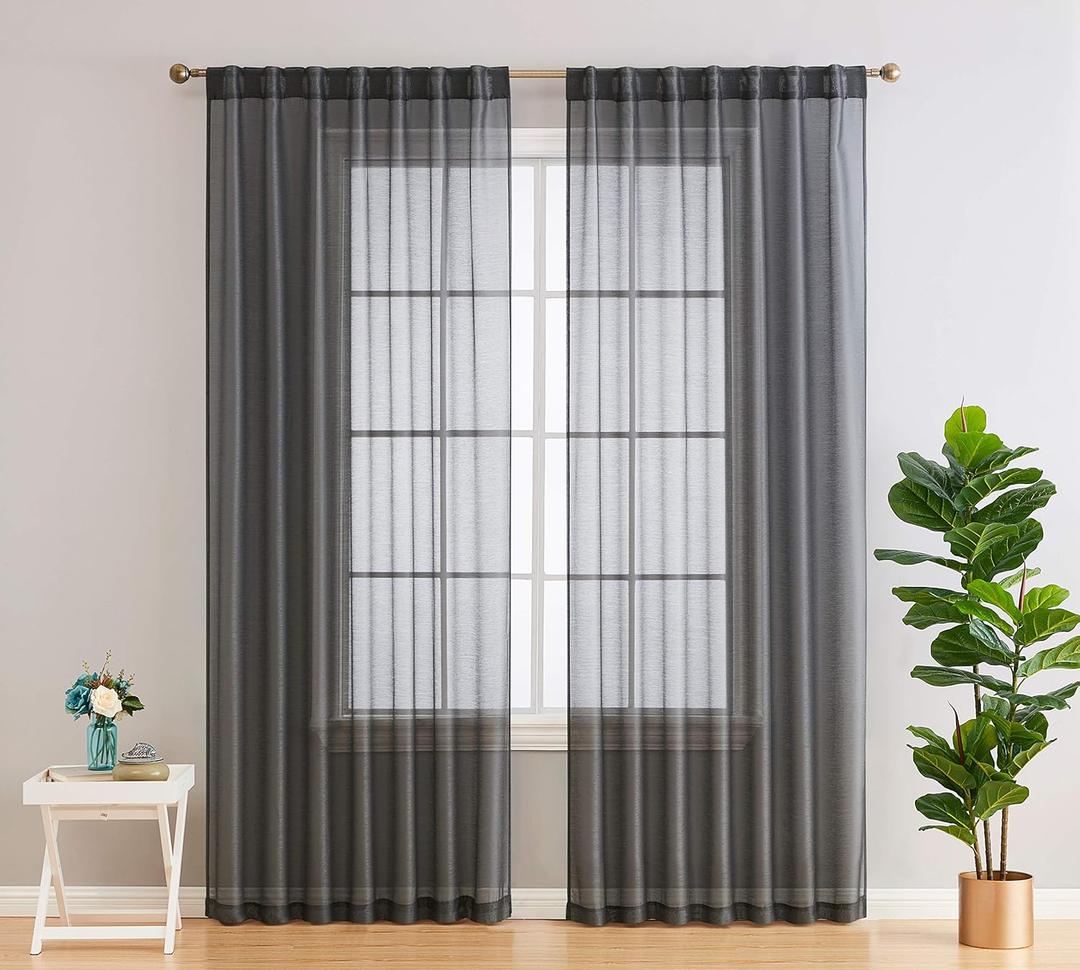 HLC.ME Lauren Semi Sheer Light Filtering Transparent Pocket Top & Back Tab Lightweight Long Window Curtains Drapery Panels Bedroom & Living Room, 2 Panels (54 x 96 Inch, Charcoal Grey)