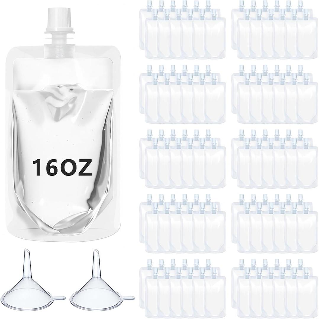 100 Pcs Plastic Pouches Bulk Clear Juice Bags Squeeze Pouches Plastic Leak Proof Bags with Funnel for Party Favors (16 oz)