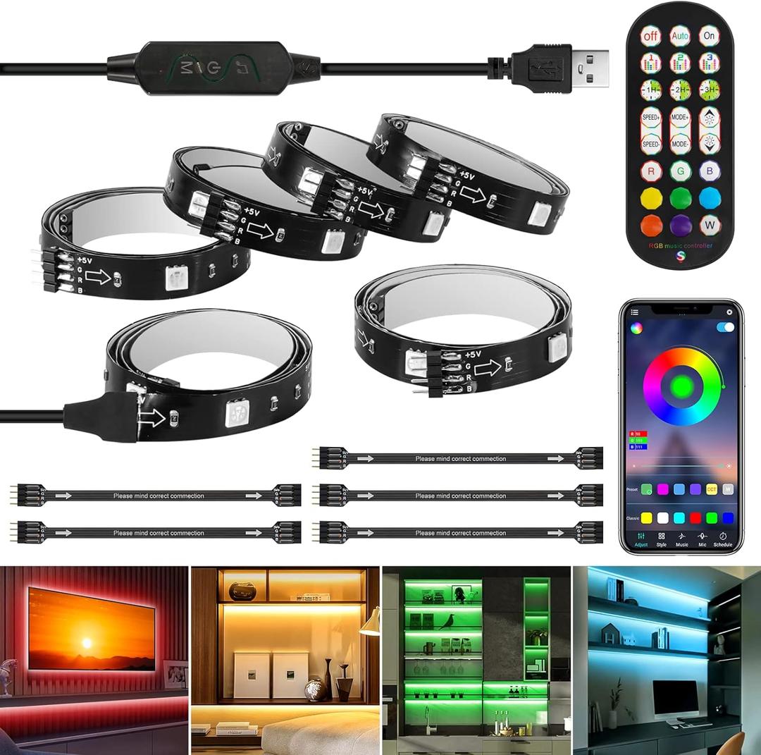 LED Strip Lights 10ft, 6 Pre-cut 1.64ft RGB LED Lights for 43-65 Inch TV, App Control TV LED Backlight with Remote, Music Sync USB Bias Lighting LED Strip Lights for Bedroom PC Monitor Mirror Cabinet, RGB (Red, Green, Blue)