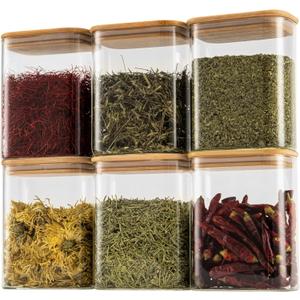 37oz Rectangle Airtight Glass Storage Containers with Bamboo Lids (Set of 6), Square Food Storage Jar, Pantry Organizers for Cereal, Nuts, Snacks and Coffee beans (with Black Label)