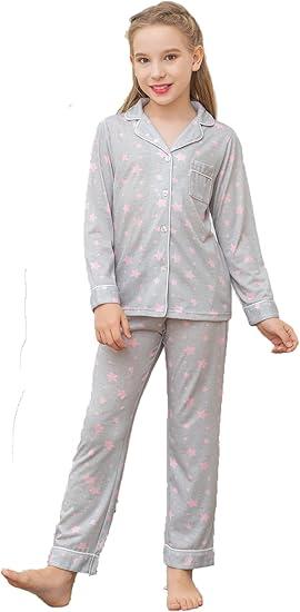Veseacky Unisex Girls Boys Pajamas Long Sleeve Sleepwear Button-Down 2 Pcs Pjs Set for 130, Light Grey Pink Star