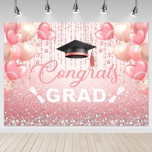 Mocsicka Pink Graduation Backdrop Congrats Grad Graduate Pink and Diamond Party Decorations Background Class of 2025 Photography Backdrops (6x4ft)