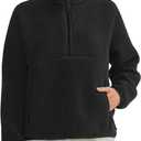Slouchy Fleece Sweatshirts for Women Half Zip Stand Collar Pullovers Fuzzy Warm Sherpa Cropped Hoodie with Pockets (Small, Black)