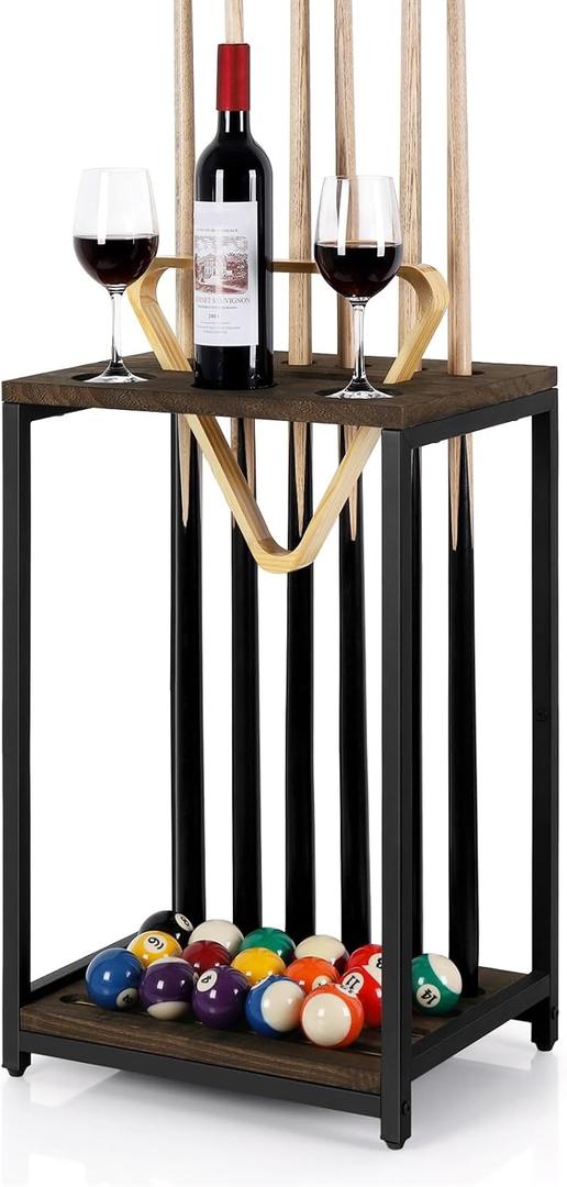 smusei Pool Cue Rack Wood Billiard Stick Holder Pool Table Accessories for Billiard Room Game Room Club Holds 6 Cues, Floor Stand, Deep Brown