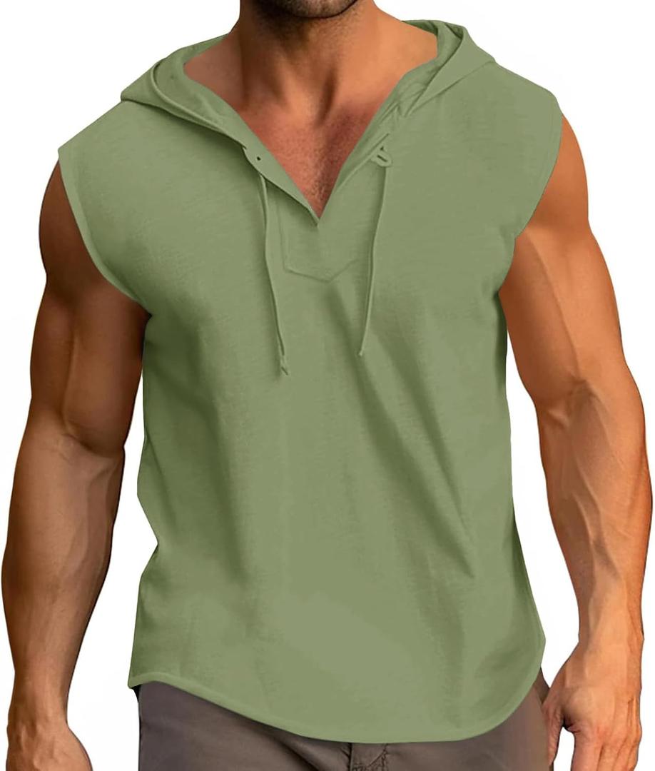 Men's Tank Top Sleeveless Hoodies Hooded Neck Tees Cotton T-Shirt Summer Beach Tops, Large