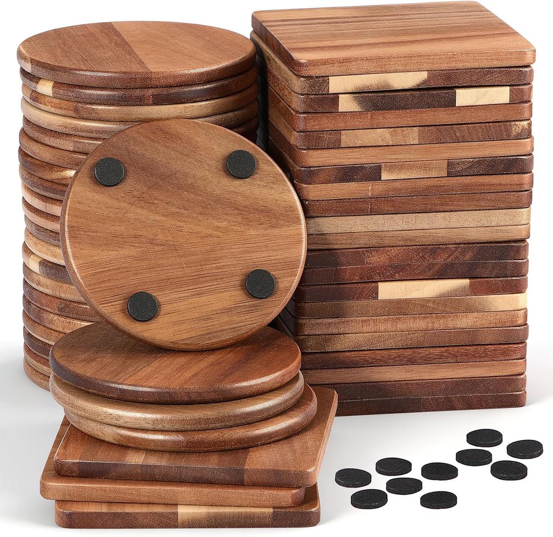 Zhehao 48 Pcs 4 Inch Acacia Unfinished Wood Coasters 24 Square 24 Round Wooden Coasters for Crafts with Non Slip Silicon Dots for DIY Stained Painting Wood Engraving Home Table Decoration