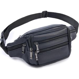 Leather Fanny Pack for Women and Men, Water-Resistant Waist Bag with Genuine Cowhide, Adjustable Leather Belt Bag with Easy Zipper, Multiple Compartments, Large Capacity