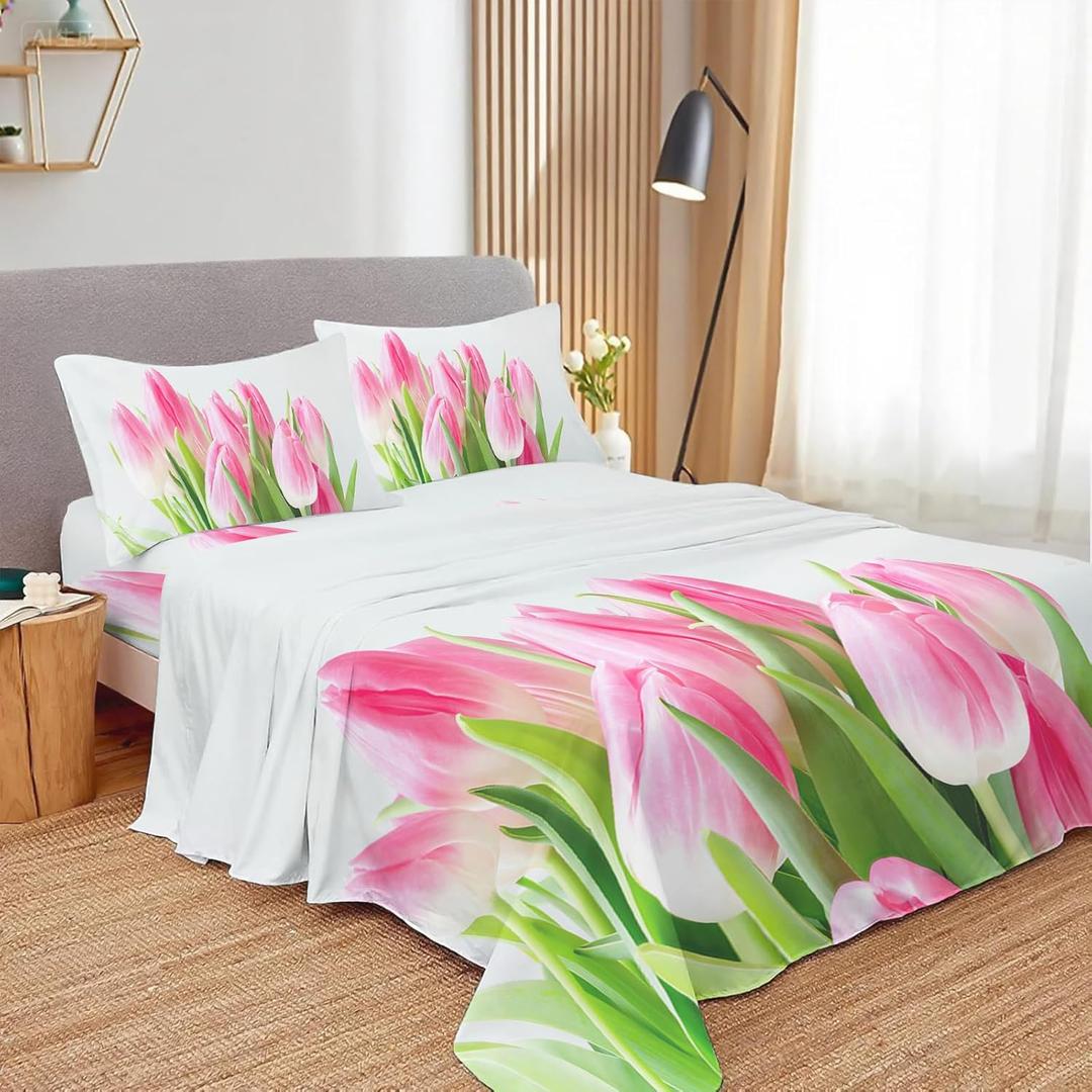 Tulip Full Sheets Set - 4 Pc Minimalism Botanical Aesthetic Bedding, Extra Soft Cooling Bed Sheets Wrinkle Fade Stain Resistant Fabric