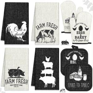VitalCozy 8 Pcs Farm Animal Theme Kitchen Towels Pot Holders and Oven Mitt Set 4 Farmhouse Dish Towels 2 Rustic Square Potholders 2 Decorative Heat Resistant Glove for Cooking Baking Home Gifting