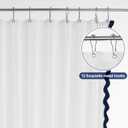 Embroidered Scalloped Cotton Shower Curtain Linen Textured with 12 Metal Hooks, 72 x 72 Inch Washable Waterproof Cloth Shower Curtains with Navy Blue Border for Bathroom Hotel Bathtub