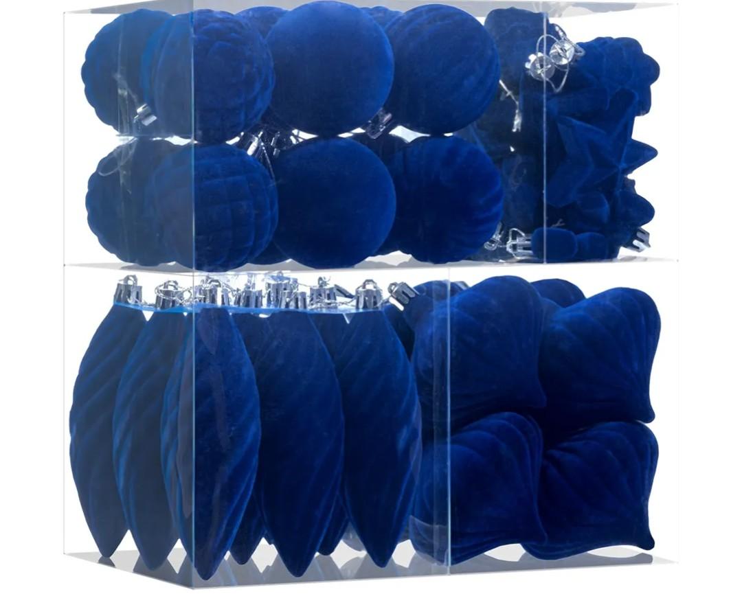48Pcs Blue Velvet Christmas Ornaments Set, Assorted Flocked Christmas Baubles Decorations, Shatterproof Christmas Balls Hanging Decor for Xmas Tree/Home/Party/Holiday (Blue)