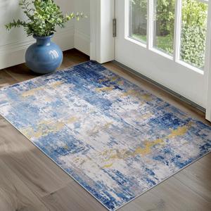 Washable Area Rugs 2'x3' Non-Slip Modern Abstract Soft for Living Room Entryway Bedroom Nursery, Print Pattern, Grey Blue Gold/Golden