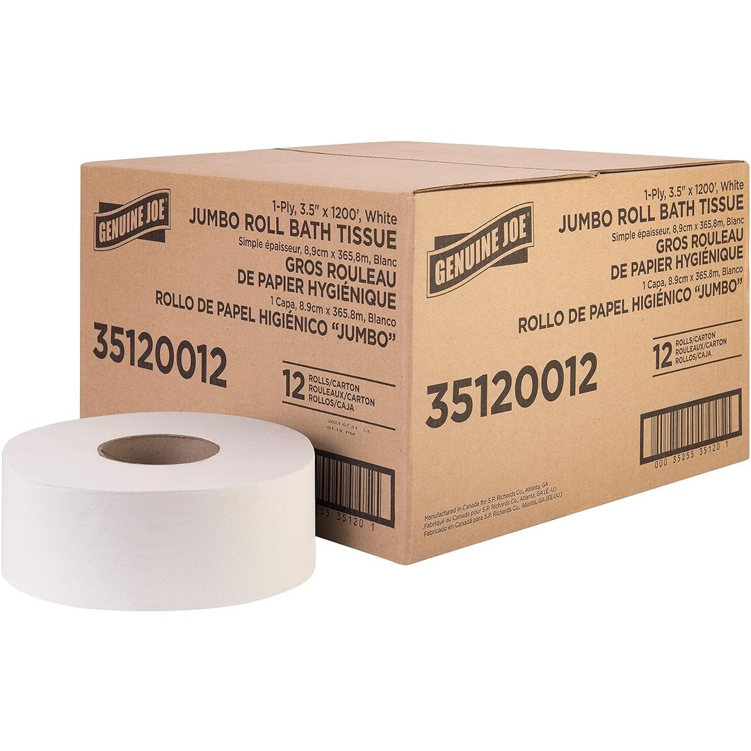 Genuine Joe Jumbo Roll Bath Tissue, 1-Ply, 3.63" x 1200', White, 12 Count, 3.5" x 1200'