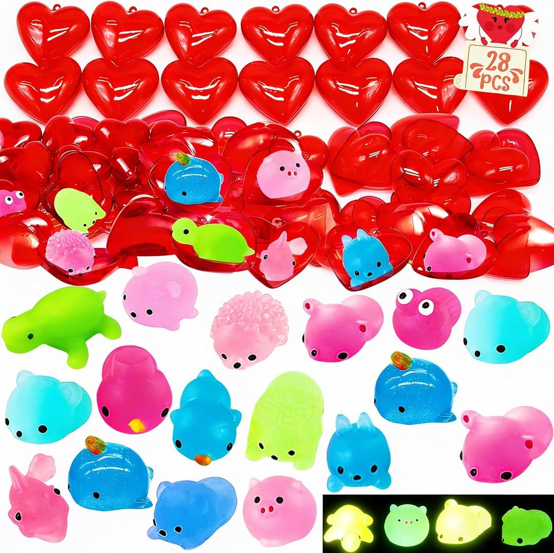 28PCS Valentines Gifts Cards with Kawaii Mochi Squishy Toy, Glow in The Dark Mini Cute Animal Squishies Stress Relief Toy for Kids, Valentine Party Favors, Classroom Exchange Prizes